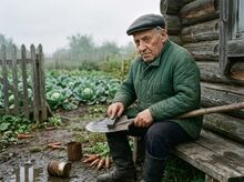 Завалинка: дед точит лопату — мирный быт.