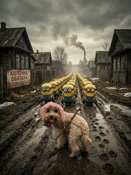 Бетти ведёт колонну миньонов по деревне.