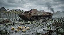Подбитая техника с надписью «ОГРУЦОВЫЕ ВОЙСКА».