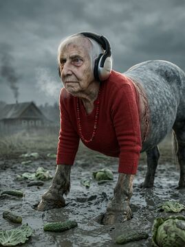 Портрет крупным планом: верх — человеческий, низ — тяжеловозный. Наушники, кофта и бусы сохранены.