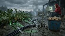 xray-ядро в борозде: кабели уходят в почву, клубни с трафаретами «VLESS», «AUTO».