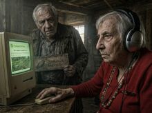 Бабка не оборачивается. Дед стоит за плечом.