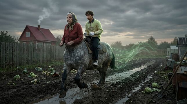 Поздний кадр: скачка по картофельному ряду, за всадниками — тонкий поток зелёного двоичного кода, след работающего прокида.