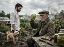 Ганс проверяет компот «на свет» — за полминуты до инцидента.